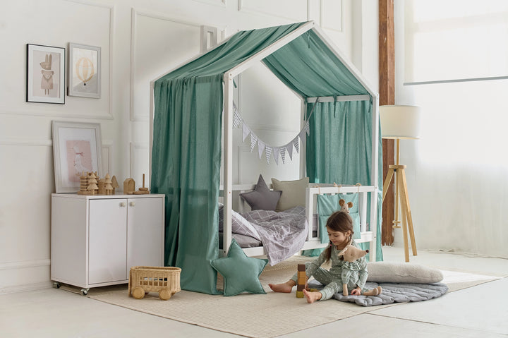 Sage green linen canopy close-up texture view Sage Green Linen Canopy Curtains for Montessori or House Bed | Soft & Breathable Nursery Drapes hellolittlefox sage-green-new-linen-house-bed-cover hellolittlefox.myshopify.com