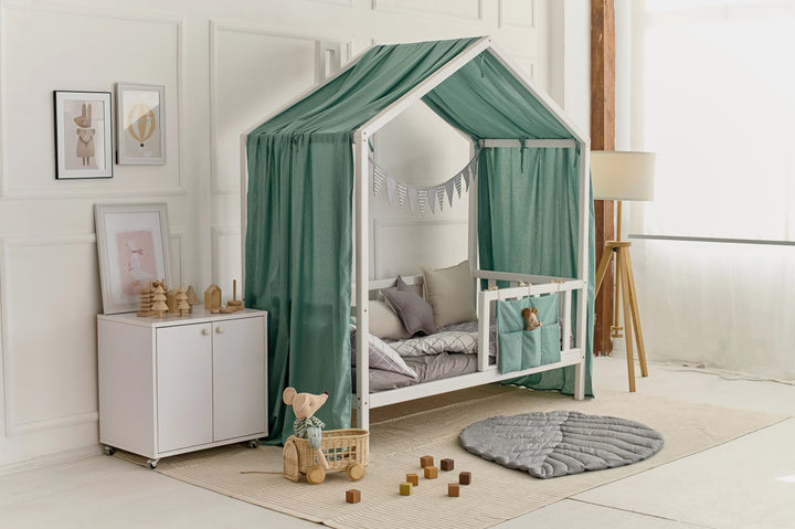 Neutral sage canopy curtains in nursery setting Sage Green Linen Canopy Curtains for Montessori or House Bed | Soft & Breathable Nursery Drapes hellolittlefox sage-green-new-linen-house-bed-cover hellolittlefox.myshopify.com