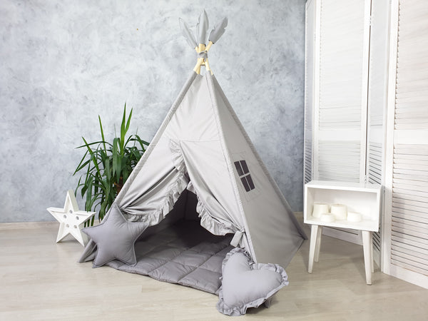 Gray teepee tent with ruffles | HelloLittleFox