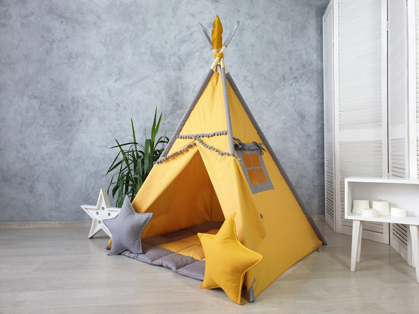 Mustard Teepee Tent With Gray Accents - Kids Tents & Cots |HelloLittleFox Studio