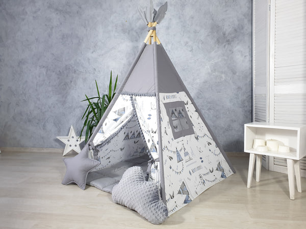 Gray teepee for advantures - arrow print tent for girls and boys - handmade from Hello Little Fox