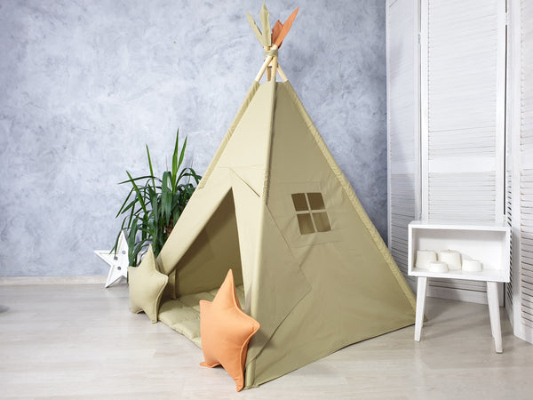 Olive cotton teepee tent for toddlers – handmade indoor play tent with window and poles Olive Green Kids Teepee Tent | Boho Play Tent for Toddler Room | Neutral Indoor Tipi Playhouse | Wigwam for Boys & Girls hellolittlefox olive-color-teepee-tent hellolittlefox.myshopify.com Olive Green Kids Teepee Tent | Boho Play Tent for Toddler Room | Neutral Indoor Tipi Playhouse | Wigwam for Boys & Girls hellolittlefox olive-color-teepee-tent hellolittlefox.myshopify.com