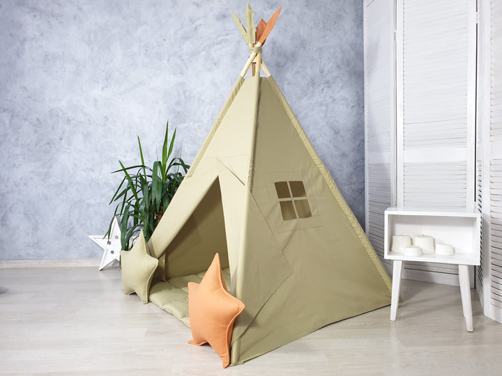 Olive cotton teepee tent for toddlers – handmade indoor play tent with window and poles Olive Green Kids Teepee Tent | Boho Play Tent for Toddler Room | Neutral Indoor Tipi Playhouse | Wigwam for Boys & Girls hellolittlefox olive-color-teepee-tent hellolittlefox.myshopify.com Olive Green Kids Teepee Tent | Boho Play Tent for Toddler Room | Neutral Indoor Tipi Playhouse | Wigwam for Boys & Girls hellolittlefox olive-color-teepee-tent hellolittlefox.myshopify.com