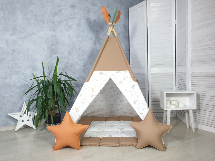 Product image from hellolittlefox - handmade item Brown Rainbow Teepee Tent for Kids | Gender Neutral Play Tent | Montessori Wigwam with Window | Boho Tipi Zelt Kinder with Mat Option hellolittlefox copy-of-beige-safari-print-tent-for-girls-and-boys-handmade-from-hello-little-fox hellolittlefox.myshopify.com