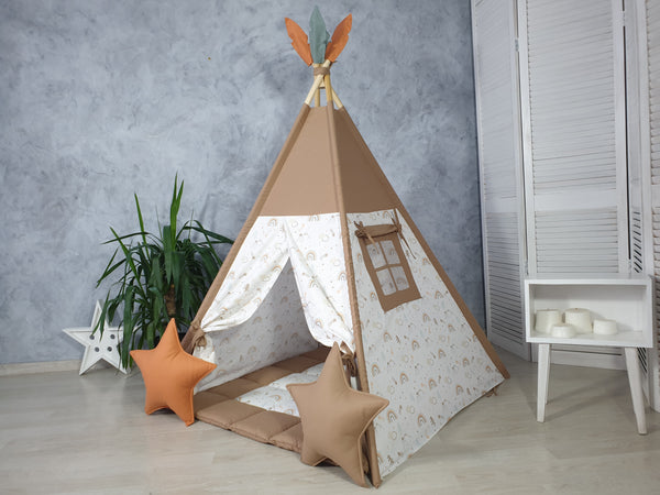 Brown color with rainbow print tent for girls and boys - handmade from Hello Little Fox