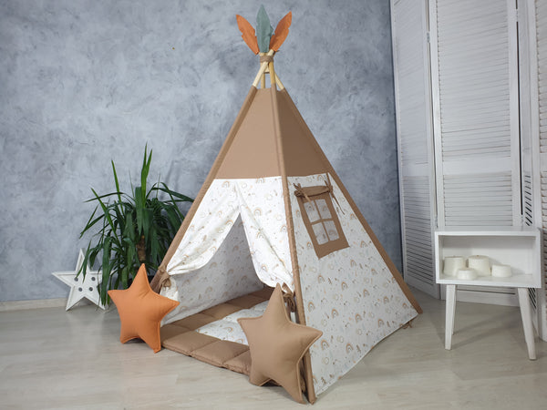 Brown rainbow teepee for kids Brown Rainbow Teepee Tent for Kids | Gender Neutral Play Tent | Montessori Wigwam with Window | Boho Tipi Zelt Kinder with Mat Option hellolittlefox copy-of-beige-safari-print-tent-for-girls-and-boys-handmade-from-hello-little-fox hellolittlefox.myshopify.com