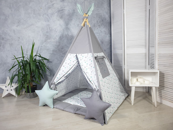 Gray and mint stars print tent for girls and boys - handmade from Hello Little Fox