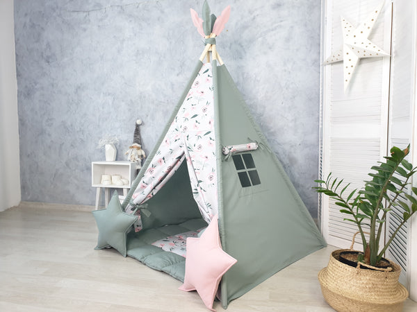 Sage green floral print teepee tent for girls and boys - handmade from Hello Little Fox