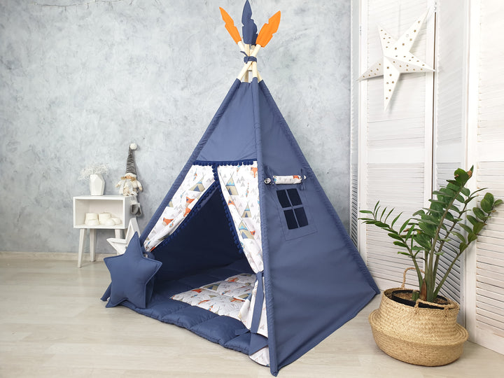 Navy blue kids teepee with wooden poles – Montessori play tent for nursery or playroom Navy Blue Fox Print Teepee Tent for Kids – Indoor Play Tent for Toddlers, Pretend Play Tipi, Boys Room Decor, 1st Birthday Gift Idea, Woodland Nursery Tent hellolittlefox foxy-teepee-tent-hellolittlefox-studio hellolittlefox.myshopify.com