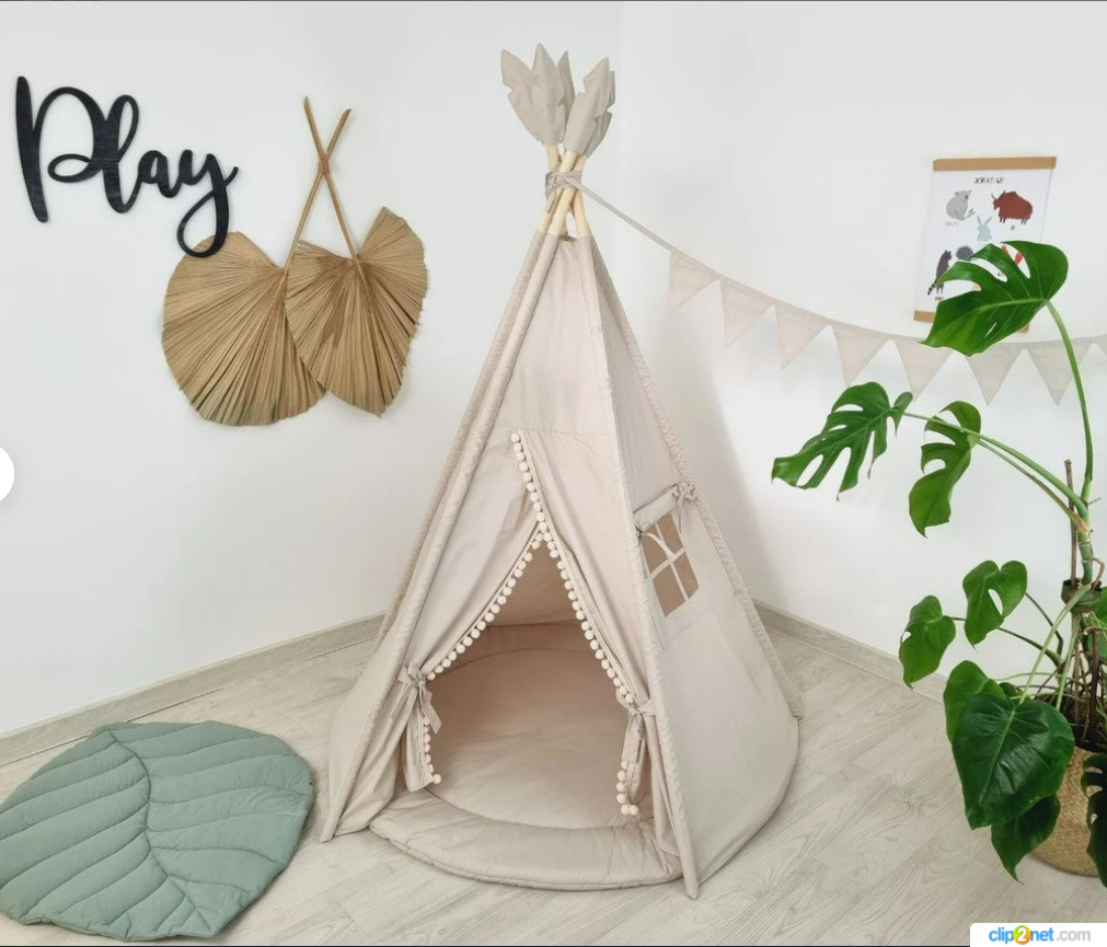 beige tipi tent Beige 5-Pole Kids Teepee Tent | Neutral Indoor Wigwam with Round Mat |  Montessori Play Tent for Toddlers | Tipi Zelt Kinder