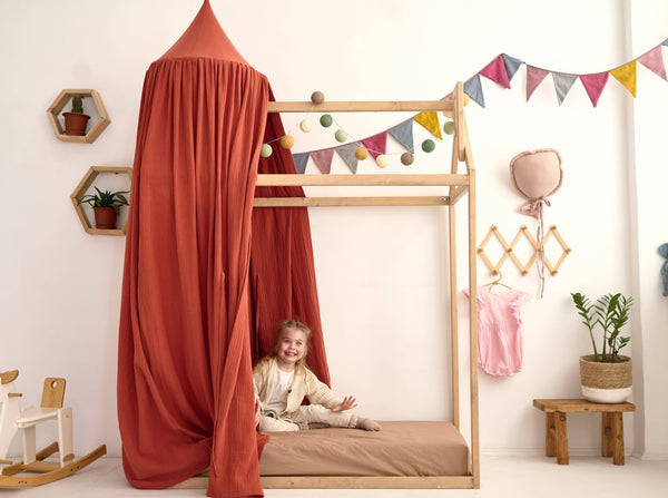 Rustic red Muslin canopy - crib cover | Hello Little Fox Studio |